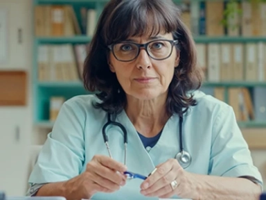 Médico vestindo uniforme e estetoscópio, sentado em um consultório médico com estantes de livros. 