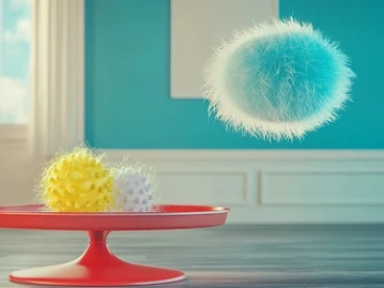 Bolas coloridas e fofas em um pião vermelho em uma sala iluminada.