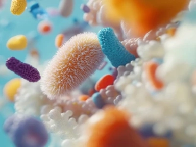 Bactérias e micróbios microscópicos coloridos em uma composição vibrante e abstrata.