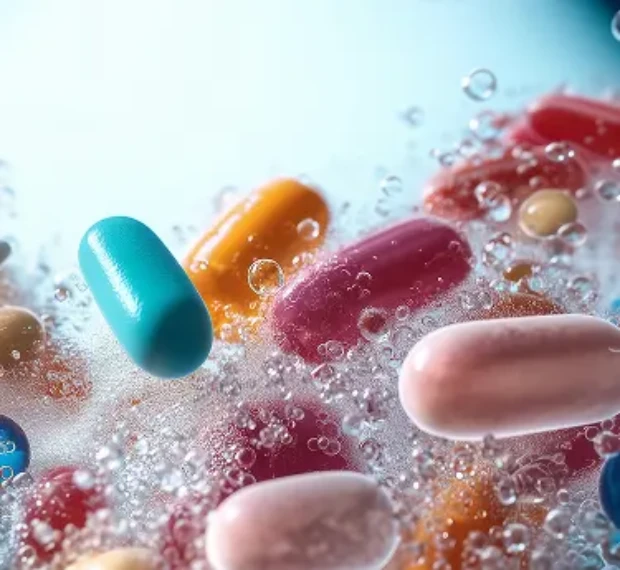 Cápsulas coloridas submersas em água com bolhas.