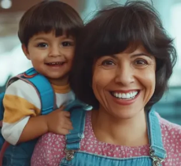 Mãe com a filha nas costas, sorrindo, com o mar ao fundo durante uma viagem
