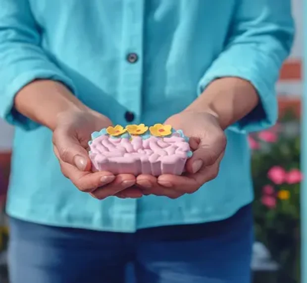Mãos segurando um sabonete decorativo no formato de um cérebro com flores no topo.