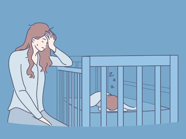 Ilustração de uma mãe cansada, ansiosa e estressada por conta da maternidade