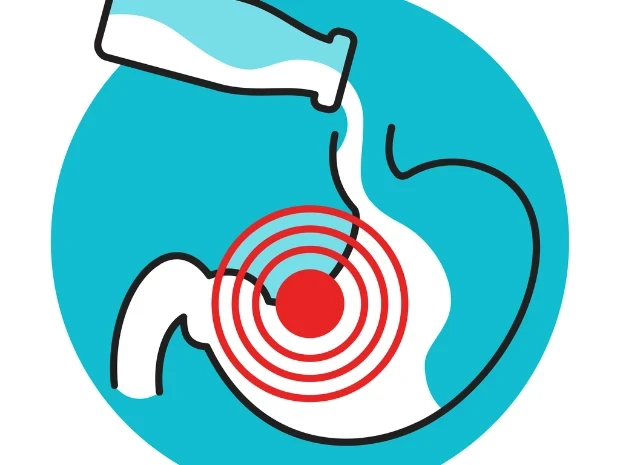 Ilustração de um estômago com intolerância à lactose recebendo leite