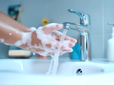 Mãos cobertas de sabão sendo lavadas sob água corrente em uma pia.