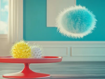 Bolas coloridas e fofas em um pião vermelho em uma sala iluminada.