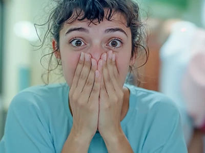 Uma pessoa surpresa com olhos arregalados cobre a boca em um corredor bem iluminado.