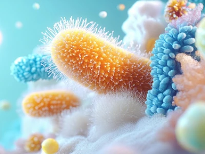 Bactérias e micróbios microscópicos coloridos em uma composição vibrante e abstrata.