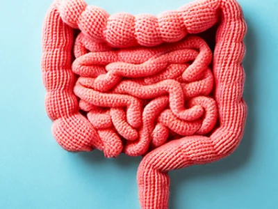 Modelo de intestino de crochê em um fundo azul.