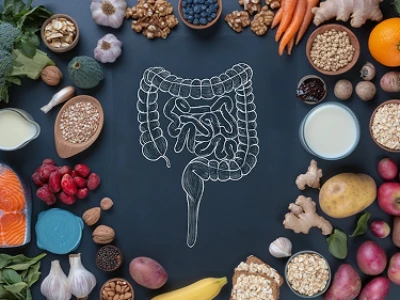 Diagrama do sistema digestivo cercado por várias frutas, legumes, nozes e grãos.