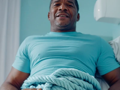 Homem de camisa azul sorrindo, enrolado em uma corda grossa azul clara.