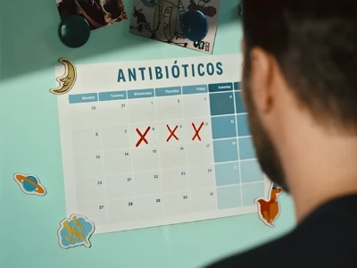 Homem olhando para um calendário intitulado "Antibióticos" com três dias marcados com Xs vermelhos.
