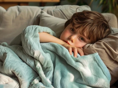 Criança descansando em um sofá com um cobertor azul claro.