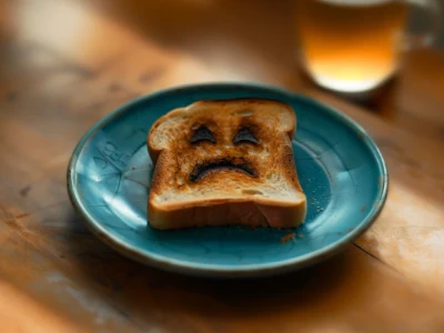 Torrada com uma cara triste feita de pasta em um prato azul.