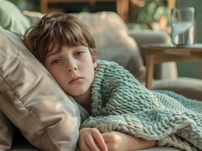 Criança deitada em um sofá, enrolada em um cobertor verde, parecendo cansada e descansando em um travesseiro.