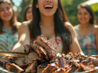Pessoa segurando um prato de carne cozida, sorrindo ao ar livre.