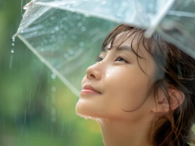 Uma pessoa sob um guarda-chuva transparente desfrutando de uma chuva suave.