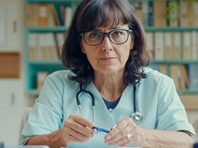 Médico vestindo uniforme e estetoscópio, sentado em um consultório médico com estantes de livros.