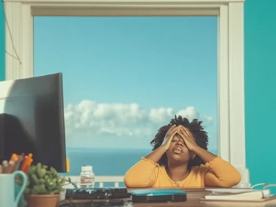 Pessoa em uma mesa com as mãos no rosto, aparentando cansaço ou estresse. 