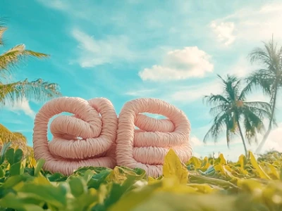 Corda rosa enrolada em frente a palmeiras e um céu azul.