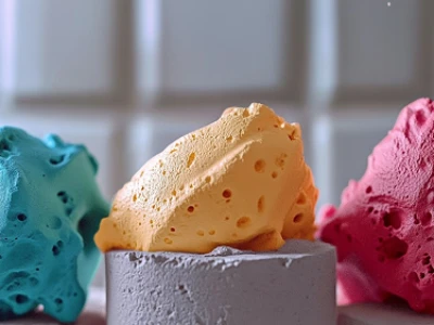 Esponjas de espuma coloridas em azul, laranja e rosa sobre bases redondas.