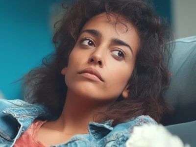 Pessoa com cabelo encaracolado vestindo uma jaqueta jeans, parecendo pensativa.