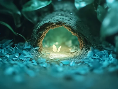 Uma borboleta brilha dentro de um pequeno túnel iluminado na floresta.