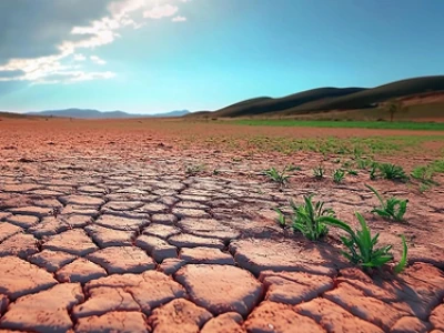 Solo desértico rachado e iluminado pelo sol com manchas de plantas verdes e montanhas ao fundo.
