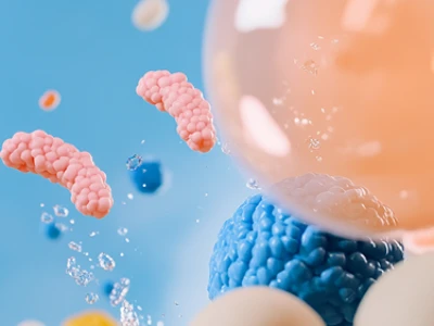 Representação abstrata de bactérias e partículas microscópicas em um fundo azul.