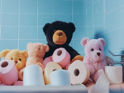 Ursos de pelúcia e rolos de papel higiênico em uma prateleira de azulejos no banheiro. 