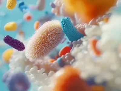 Bactérias microscópicas coloridas flutuando em um ambiente azul.