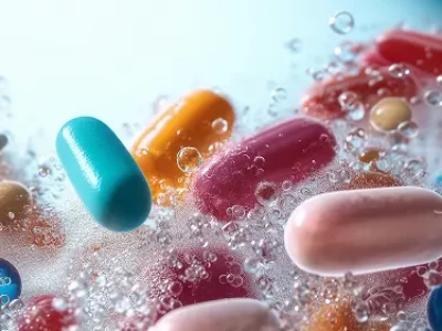 Cápsulas coloridas submersas em água com bolhas.