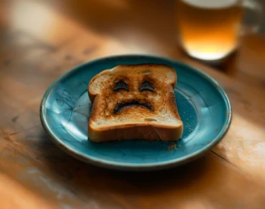 Torrada com uma cara triste feita de pasta em um prato azul.