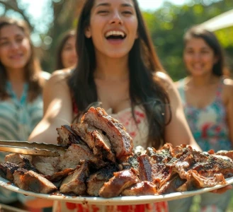 Pessoa segurando um prato de carne cozida, sorrindo ao ar livre.
