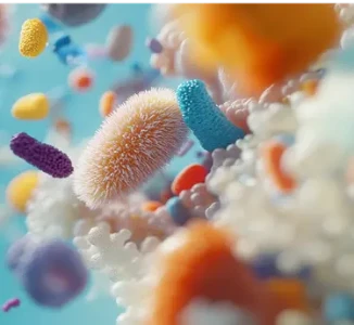Bactérias microscópicas coloridas flutuando em um ambiente azul.