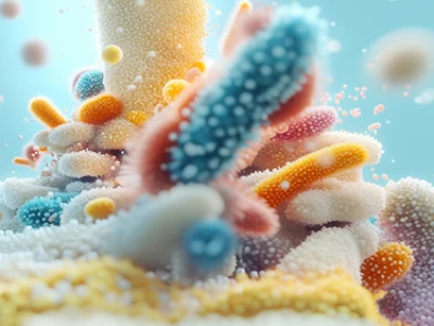 Representação abstrata colorida de organismos microscópicos ou células em um fundo azul.