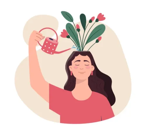 ilustração de uma mulher regando flores que florecem na sua cabeça