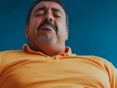 Homem de camisa amarela parecendo desconfortável em um fundo azul.