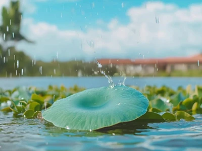 Água espirrando em um lírio com fundo desfocado de água, plantas e uma pessoa caminhando. 