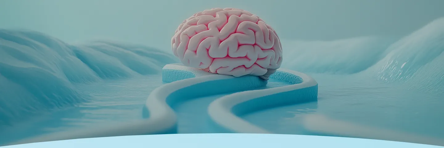 Um modelo de cérebro fica em um caminho azul em meio a uma paisagem em forma de onda.