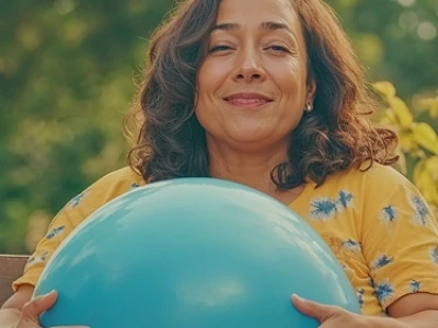 Mulher sorrindo enquanto segura uma bola de exercícios azul ao ar livre.