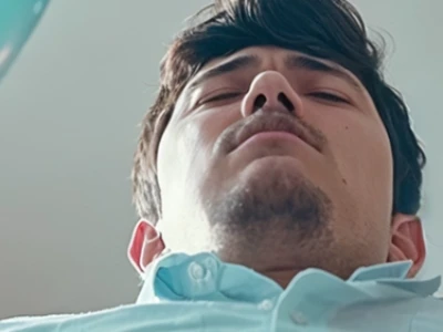 Homem olhando para cima com os olhos fechados, vestindo uma camisa azul clara.