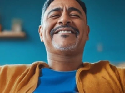 Homem sorridente com camisa azul e jaqueta amarela em um fundo azul.