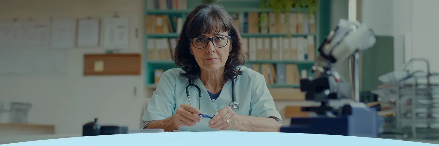 Médico vestindo uniforme e estetoscópio, sentado em um consultório médico com estantes de livros.