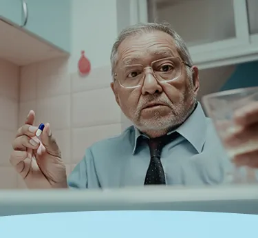 Homem idoso segurando uma cápsula de medicamento e um copo de água em uma cozinha.