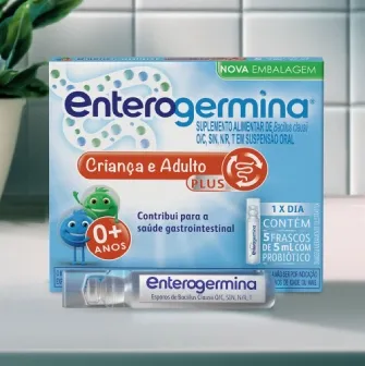 Enterogermina Plus Criança e Adulto, suplemento probiótico oral com 5 frascos de 5ml para saúde intestinal.