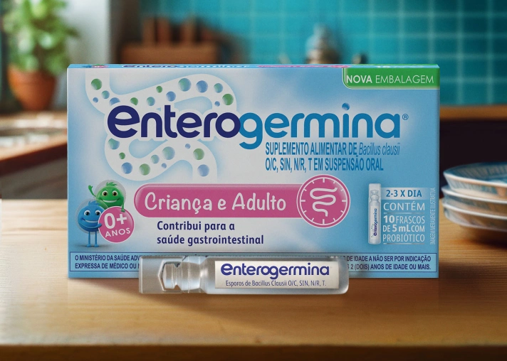 Enterogermina Criança e Adulto, 10 frascos de 5 ml, suspensão probiótica em uma superfície de madeira.