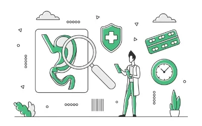 Ilustração de um profissional de saúde fazendo diagnóstico de uma doença