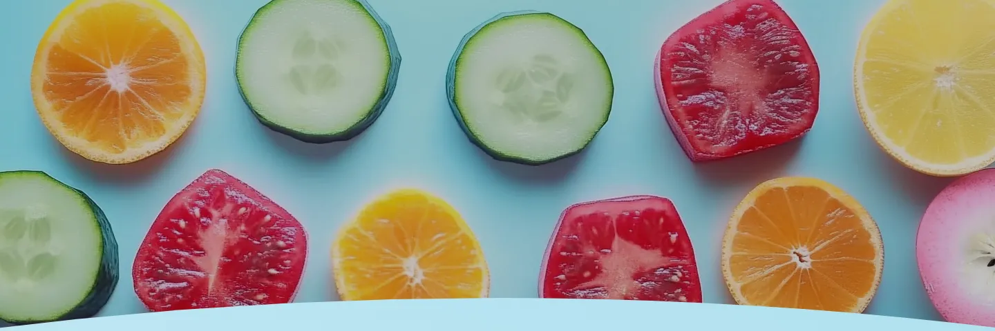 Fatias de várias frutas e legumes em um fundo azul claro.