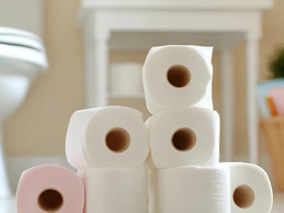 rolos de papel higiênicos e uma estatua miniatura de uma pessoa entre os rolos